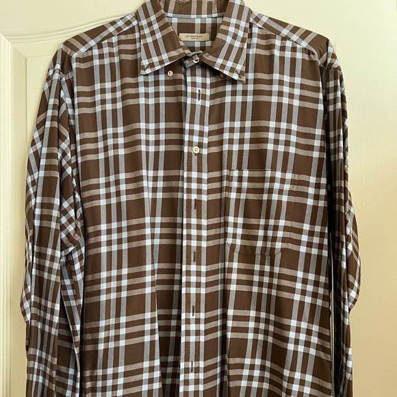 Burberry Mens button down shirt. Brown plaid - Picture 1 of 8